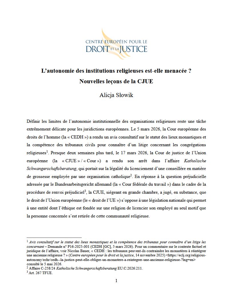 L'autonomie des institutions religieuses est-elle menacée ? – Nouvelles leçons de la CJUE