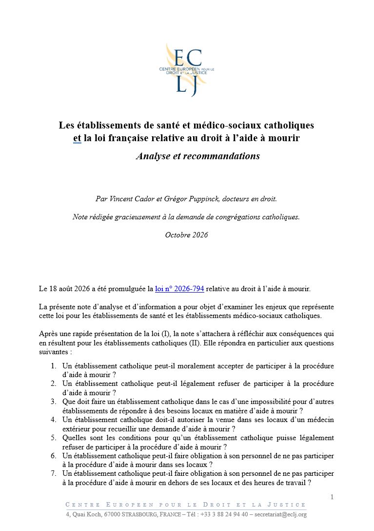 Les établissements de santé et médico-sociaux catholiques et la loi française relative au droit à l’aide à mourir