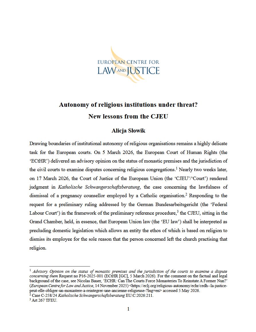 Autonomy of religious institutions under threat? – New lessons from the CJEU